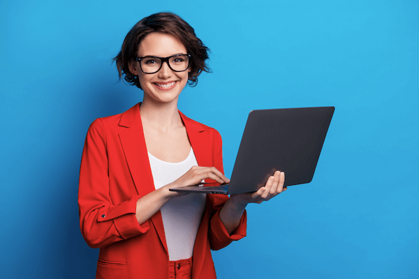 woman blue background