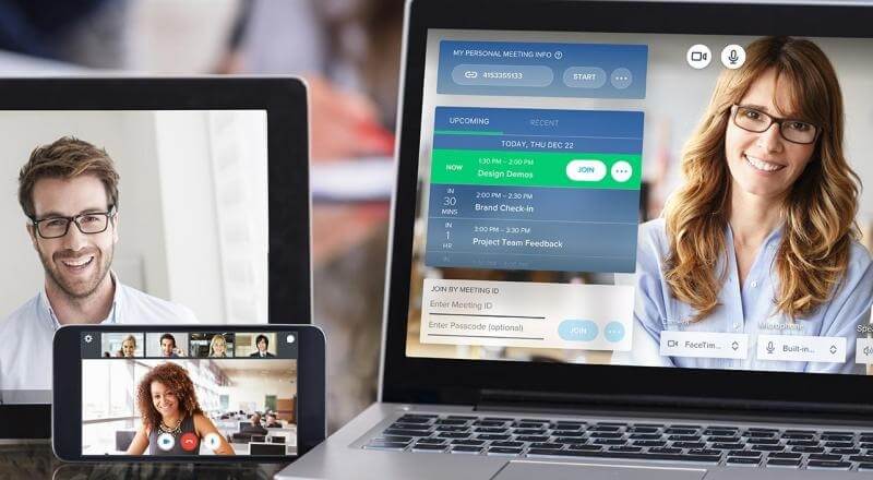 Image of a tablet, phone, and laptop with people in a video conference shown on them
